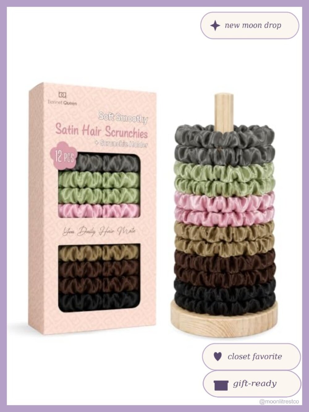 Slim Satin Scrunchies for Women No Crease Hair Ties 12 Pack with Holder